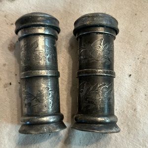 Antique 19th Century Victorian Pewter Salt & Pepper Shakers with Engraving